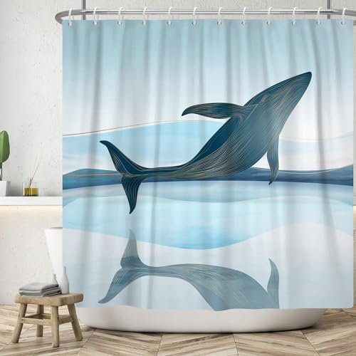 ASDCXZ Fisch Duschvorhang 180x240 cm, Modern Kunst Wal Gold Linie Blau Ozean Meeresoberfläche Bad Waschbar Duschvorhänge Polyester Textil Wasserdicht Duschvorhang für Badewanne mit 12 Haken