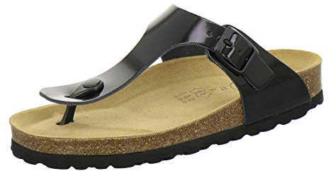 AFS-Schuhe 2107, modische Zehentrenner Damen Sandale aus Leder, Bequeme Pantoletten mit Fussbett Made in Germany (44 EU, schwarz Lack)