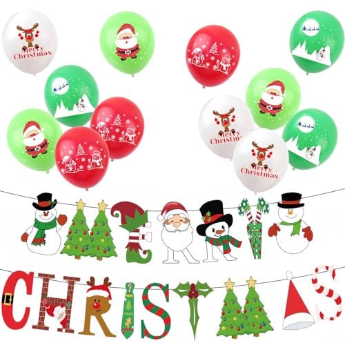 YAAVAAW Christmas Decorations Party Pack,1pcs Xmas Tree Deer Santa Snowman Christmas Banner and 12pcs 12inch Red Green White Balloons for Xmas Decorations,Christmas Party Supplies