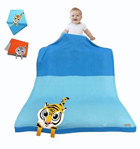 Weiche gestrickte Babydecke mit bezauberndem Tiger-Design – Wickeltuch aus 100 % Baumwolle für Neugeborene, Säuglinge und Kleinkinder – vielseitige Kinderwagen-Abdeckung, Spielmatte und
