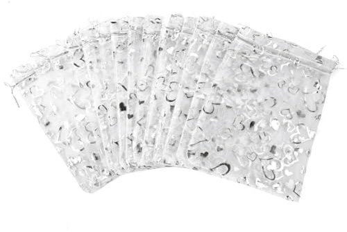 CLTPY 100 PCS Organzasäckchen15x20cm Silber Herz Muster Organzabeutel Schmuckbeutel Geschenksäckchen Kordelzug Duftsäckchen Organza Säckchen für Hochzeit Weihnachten Gastgeschenke Süßigkeiten