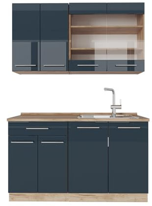 Vicco Singleküche Fame-Line, Dunkelblau Hochglanz/Goldkraft Eiche, 140 cm, AP Anthrazit
