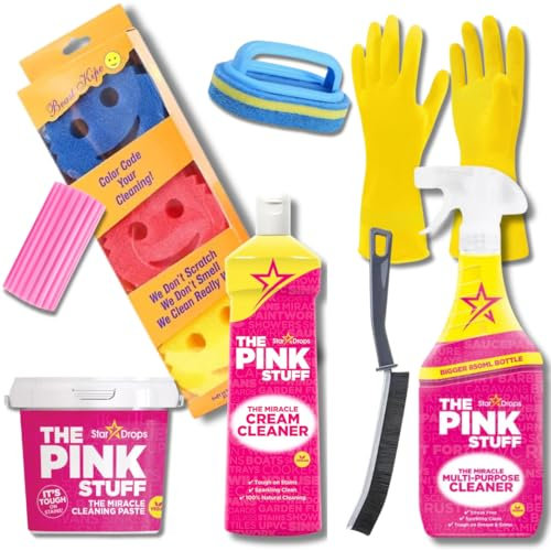 Kevagh - The Pink Stuff Multi-Purpose Cleaner, Cream Cleaner, Cleaning Paste, Damp Duster, Narrow Gap Brush, Scrubber with Handle, Gloves and 3 Smiley Face Sponges Premium Cleaning Bundle by Kevagh.