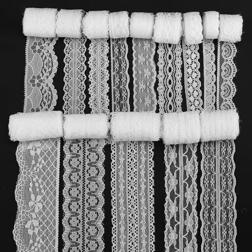 Lot de 14 Rouleaux de Dentelle Blanche 0,5 à 6 cm, Bordure Vintage Assortie, Ruban et Applique Festonnée pour Couture, Travaux Manuels et Mariage (3 m Chacun)