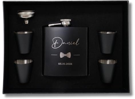 Flachmann mit Gravur Edelstahl - Flachmann Set personalisiert mit Namen - Geschenkidee Hochzeit - Geschenke für Männer - personalisierte Geschenke für Männer - Geschenk Trauzeuge (Design 4)