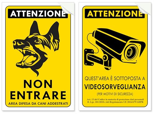Pubblimania 2 Adesivi ATTENTI AL CANE e AREA VIDEOSORVEGLIATA, cm 20x30 pellicola adesiva morbida, impermeabili