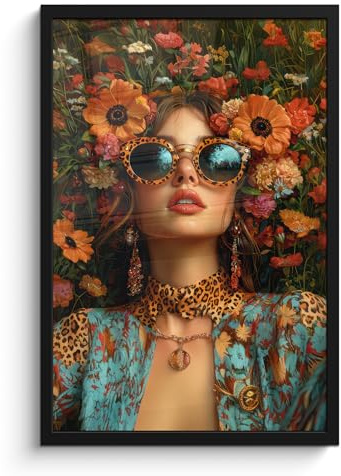 MuchoWow© Wandbilder mit Rahmen Wanddeko Bilder Wohnzimmer Moderne | 40x60 cm - Zimmerdeko Geschenk Bilderrahmen Frau - Blumen - Modern - Brille - Abstrakt