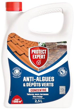 PROTECT EXPERT Anti Algues & Dépôts Verts - Concentré - Toitures Murs Terrasses - 2,5L - Jusqu'à 1000m² - Protection Longue Durée Pendant 6 Mois - Sans Rinçage - DIMAX25