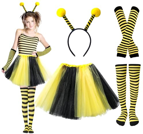 TaleMoon Bienenkostüm Set 4 Stück,Bienen Kostüm Erwachsene Damen mit Bienen Haarreif Tüll Rock Gestreifte Überkniestrümpfe Lange Handschuhe fur Karneval,Halloween Fasching Party