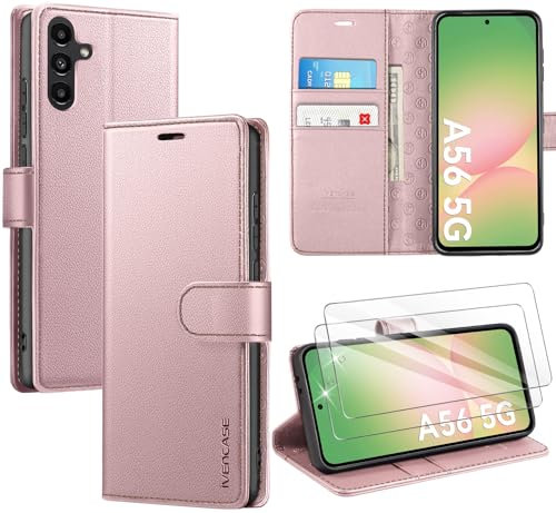 ivencase LederHülle für Samsung Galaxy A56 5G Hülle und 2 Stück Schutzfolie,Premium PU Schutzhülle Flip mit Tasche Brieftasche Magnetverschluss handyhülle für Samsung A56 5G Hülle - Rosa