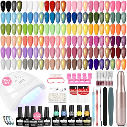VANREESA 35 Colours Gel Nail Polish Set with Lamp and Drill Classic Black White Red Neutral Pink Gel Nail Kit Starter Kit with Glitter Coat Suitable for All Seasons Manicure Tools Gifts for Women