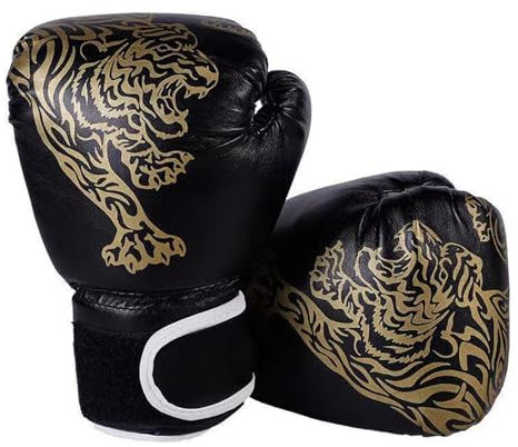 Kids Boxing Gloves, 6oz Junior Boxing Gloves, Golden Tiger Pattern Kickboxing Glove for Punching Bag, Kickboxing, Workout, Daily Training, Youth Games Fun for Age 6-12 Years, Black