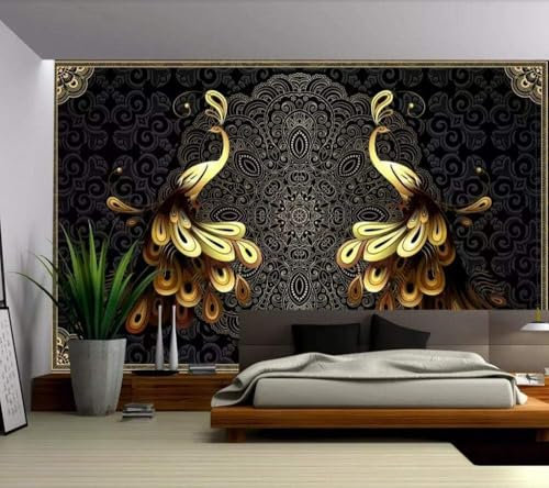 Black and Gold Peacock 3D Wallpaper Office Living Room Sofa Bedroom TV Background Wall Decoration-150cm×105cm