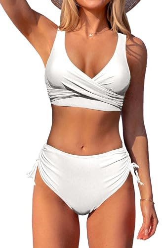 Lockenstab Damen Cross Back Badeanzüge Leopard Twist Front Bademode Kordelzug Side Bikini Sets(Weiß,XL)