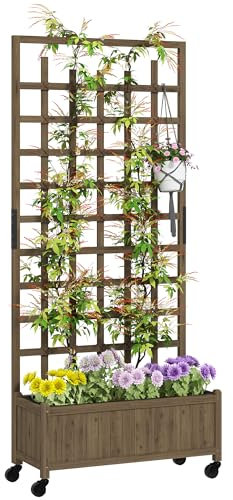 Outsunny Jardinière en treillis en bois, plates-bandes surélevées pour jardin avec roues et revêtement de lit, brise-vue pour cultiver des légumes, des herbes et des fleurs pour jardin, patio,