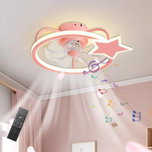 LASANYA Ventilador De Techo Dc Con Luz Led Regulable Y Altavoz Bluetooth, Forma De Estrella Lampara Ventilador Silencioso Infantil, Moderno Pequeño Lamparas Ventiladores Techo Comedor-Rosa