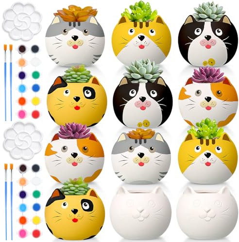 Pasimy 12 Set DIY Ceramic Succulent Pots Ready to Paint Your Own Flower Pots Craft Kit Unpainted Bisque with Brush Palette Ceramics to Paint for Family Activity Craft Project Birthday Gift (Cat)