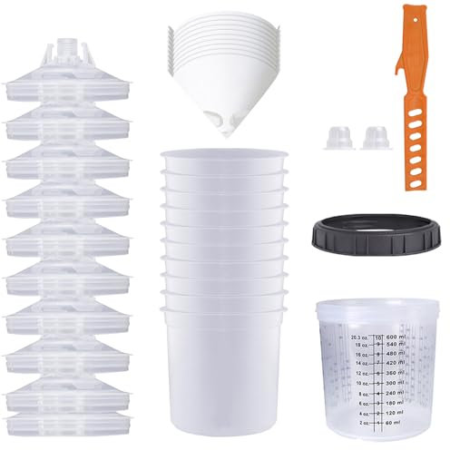 Lot de 10 gobelets de mélange de peinture jetables 600 ml, pour pistolets à peinture HVLP et LVLP avec 10 gobelets et couvercles, 1 gobelet dur avec 2 anneaux de maintien et 10 entonnoirs en papier