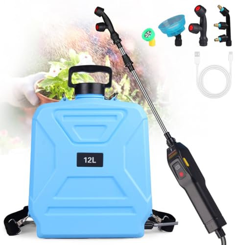 Spruzzatore Elettrico a Batteria 12L, Nebulizzatore Giardino con 4 Ugelli, Bacchetta Retrattile, Spruzzatore a Pressione Ricaricabile USB con Tracolla, Spruzzatore Elettrica per Prato, Giardino