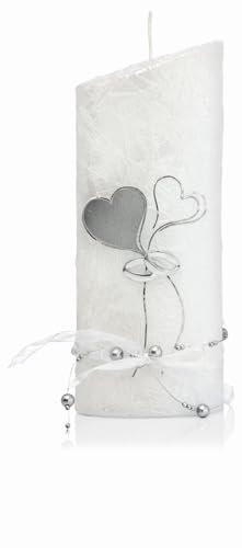 INNA-GLAS Trauungskerze Ellipse INDIE, verziert, perlmutt-weiß-silber, 22cm, Ø8,5cm - Made in Germany - Hochzeitskerze