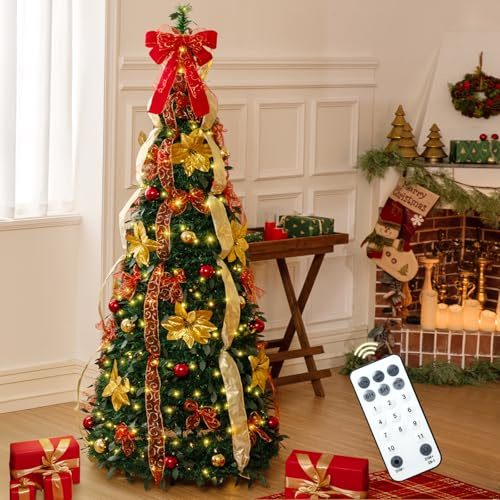6ft Pre lit Pull-Up Christmas Tree, Fully Pre-Decorated Collapsible Artificial Pencil Tree with Colorful Lights, Remote & Timer, 24 Balls, 24 Bows,12 Flowers, 6 Ribbons for Holiday Party Decor