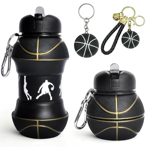 GlibberToy Collapsible Water Bottle & Keychain Set- 550ml Silicone Bottle with 2pcs Basketball Shape Keyring - Foldable Drink Sports Water Bottle Gift for Boys & Girls Sports Fan (Black)