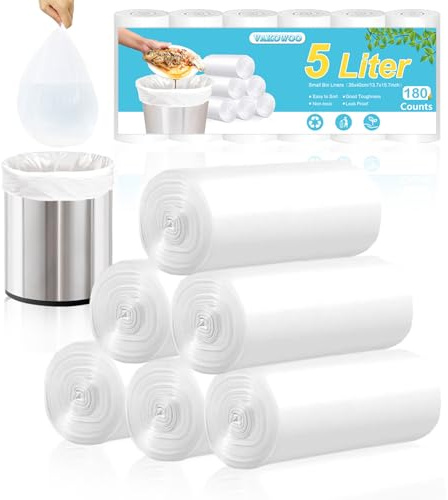 180 Counts Small Bin Bag, 5L Pedal Trash Can Clear Bin Liners for Bathroom, Bedroom, Toilet, Kitchen, Unscented White Garbage Bags Fits 3-6 Rubbish Bins