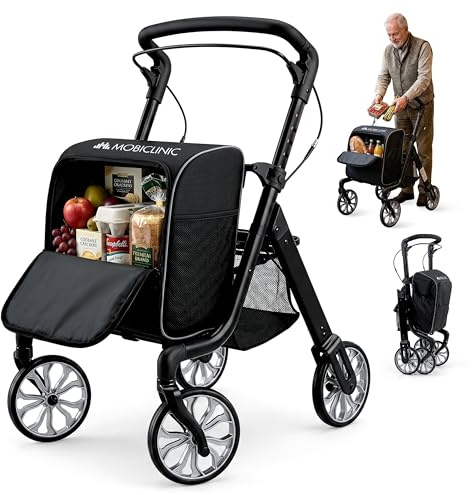 Mobiclinic®, Klappbarer Rollator + Einkaufswagen, 2 in 1, Feststellbremse, 6-Fach Höhenverstellbar, Einhebelgriff, Korb und Abnehmbarer XXL-Beutel, 360°-Rollen, Strapazierfähig, Aluminium, Formen