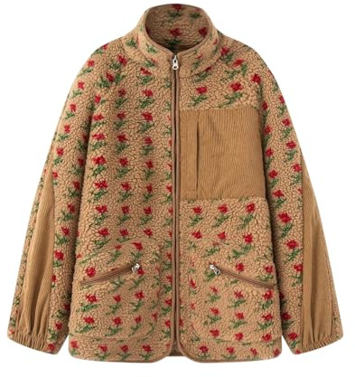 Teddyjacke Damen Blumen Fleece Winterjacke Damen Warm Stehkragen Fleecejacke Teddyfleece Jacke Winter Flauschig mit Reissverschluss Teddy Mantel Winter Elegant Plüschjacke mit Taschen Kuschelig