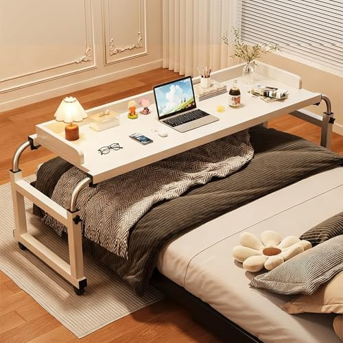 ZYZSY Table de lit réglable en Hauteur et en Largeur sur roulettes, Table médicale à roulettes avec déflecteur, pour Lit pour Bureau Hôpital Lecture(White,120 * 44cm/47 * 17in)