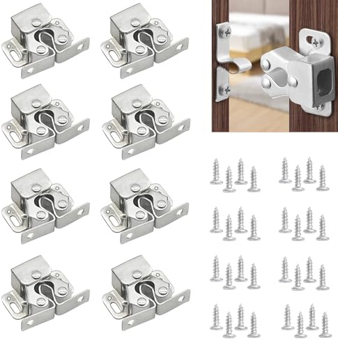 HattusaShield 6 Pcs Door Catches Latches, Double Roller Strong Hold Cupboard Cabinet Caravan Door Catches, Closet Kitchen Cabinet Latch with 24 Screws(Silver)