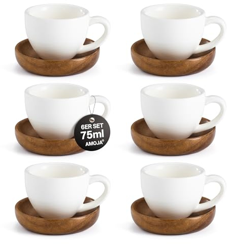 AMOJA 6er Espressotassen mit Untertassen, Weiß, 75ml Dickwandige Keramik | Lang Warm Haltend Kaffeetassen Set, Stapelbar, Spülmaschinengeeignet, Ideal für Espresso und Kaffee