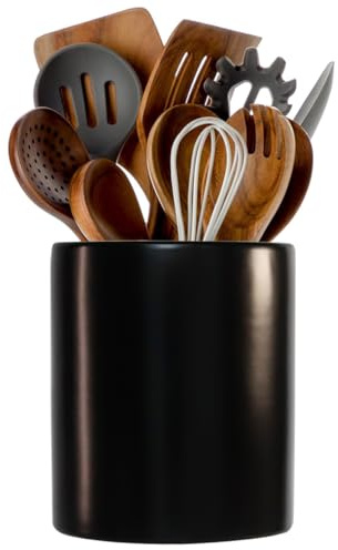 LOUIE SILNA Ceramic Cutlery Rack, Large Storage Jar, Suitable for Kitchen Countertops, Modern Kitchen Utensil Organizer, Can Hold Spatulas, (Black)