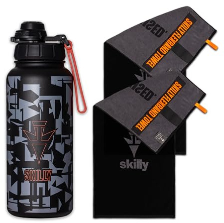 skilly Fitness Bundle Pro+ Set für das Fitnessstudio (2X Fitness Handtuch Shadow Black + Flasche spit, Fitness Handtuch 120x50cm | Flasche 950ml)