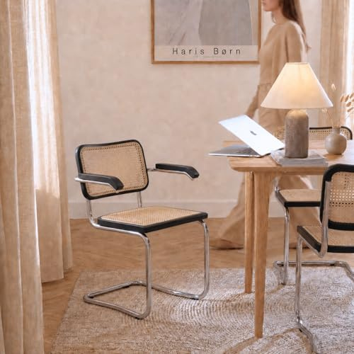 Haris Børn® Design Freischwinger Wiener Geflecht mit Armlehne (4er Set) Schwarz – Handgefertigt in Italien - Freischwinger Stühle in Rattan Stuhl Optik - Rattan Stühle 30 Tage risikofrei testen