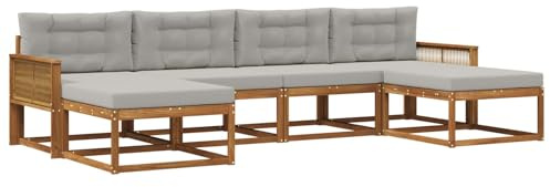 vidaXL Outdoor-Sofagarnitur mit Kissen 6 pcs Natürlich und Hellgrau, Moderne Akazien-Gartenmöbel, wetterfester Sofa-Set, stylische Sitzgelegenheit für Terrasse und Pool