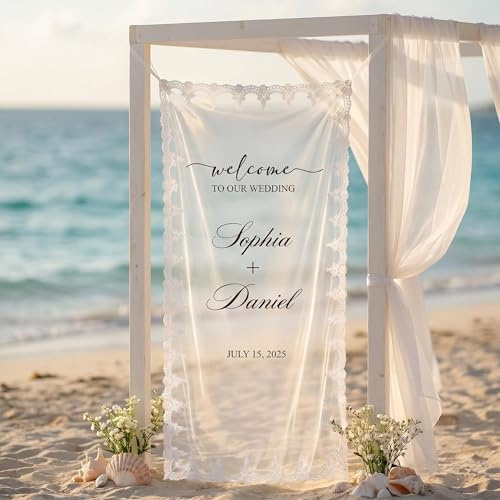 Personalisiert Transparente Schleier Willkommensbanner für Die Hochzeit, Stoff-Hochzeitsschild mit Namen und Datum, für Zeremonien im Freien, im Garten, auf dem Rasen
