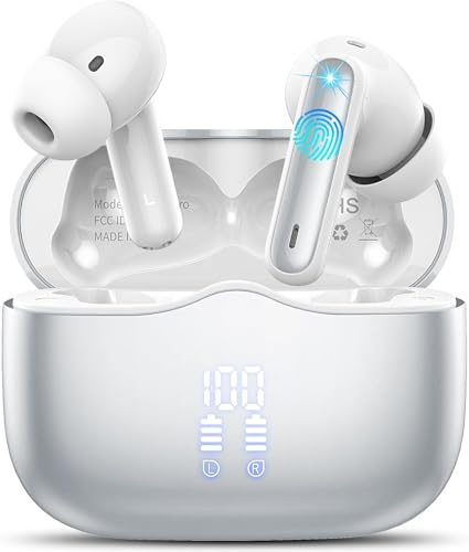 Wireless Earbuds, Bluetooth 5.4 Headphones in Ear 3D Bass Stereo, 40H Wireless Earphones with 4 ENC Noise Cancelling Mic, IP7 Waterproof, AI-Enhanced Calls Bluetooth Earbuds for Android iOS, Silver