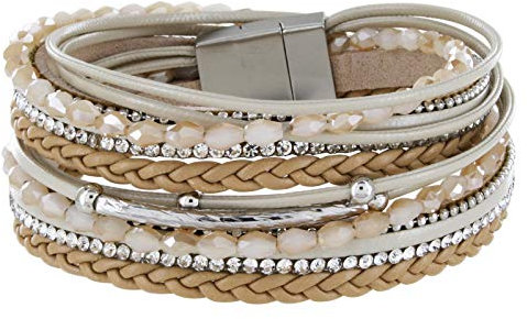 StarAppeal Armband Wickelarmband mit Perlen, Strass, Ketten und Flechtelement, Magnetverschluss Silber Matt, Damen Armband (Hellbraun)