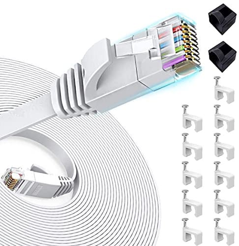 Cat6 Cable de red 15m Gigabit Ethernet FTP - Lan Gigabit Cable de parcheo RJ45 Cat6 Cable de conexión a red (1000 Mbit/s 1 Gigabit Twisted Pair FTP sin Halógeno 100% Cobre) - 15M Blanco Clips Gratis