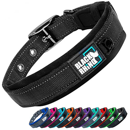 Black Rhino - Das Comfort Halsband Super Weiches Neopren Gepostertes Hundehalsband für alle Hunderassen - Hochbeanspruchbar Verstellbar Reflektierend Wetterfest (Groß, Schwarz)