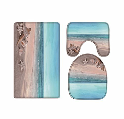 A.Monamour Badezimmer Badematte 3 Teilig Set Blaue Ozean Seesterne Conch Shell Urlaub Strand Meer Landschaft Bad Matte Teppich Flanell Saugfähig Badteppiche Badvorleger Badgarnitur WC Vorleger