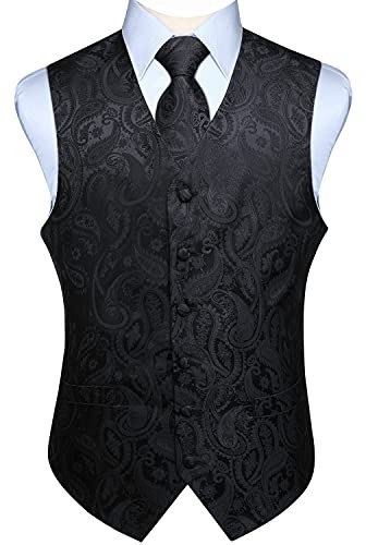 Enlision Herren Paisley Floral Hochzeitsfeier Jacquard Weste & Krawatte und Pocket Square Weste Anzug Set Schwarz