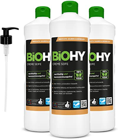 BiOHY Flüssig Seife (3 x 1 Liter) + Pumpspender | Hautschonende, rückfettende & flüssige Handseife | PHOSPHATFREI | geruchsneutrale Hygiene | auch für das Gesicht geeignet | ohne Parfüm & Farbstoffe