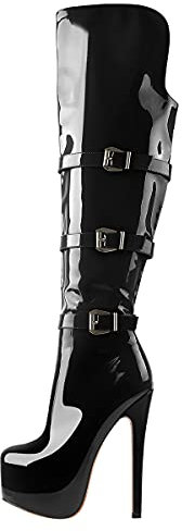 Only maker Damen Overknee Stiefel Schwarz Lackoptik mit Schnallen Stiletto High Heel Reissverschluss 39 EU