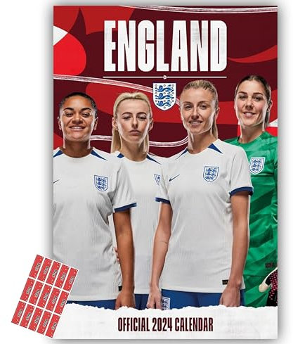 England Lionesses Kalender 2024, A3, Wandkalender der englischen Fußballmannschaft, mit kostenlosen Organisationsaufklebern im Lieferumfang enthalten