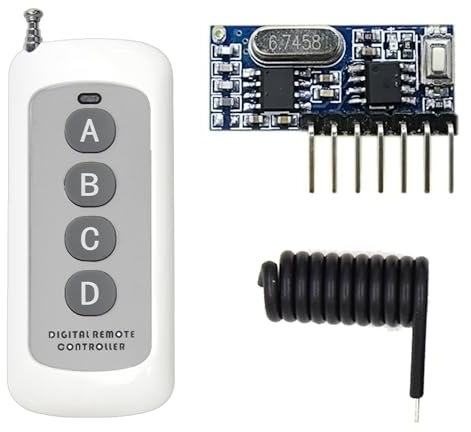 QIACHIP 433 MHz interruptor de control remoto por radio, mini receptor, código de aprendizaje incorporado 1527, decodificación, salida de 4 canales con transmisor de 4 botones