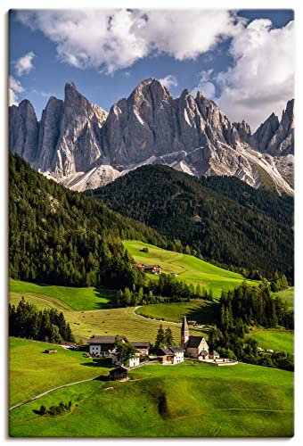 ARTLAND Wanddeko Leinwand Bilder Wandbild 60x90 cm Landschaft Berge Wald Wiesen Dorf Alpen Dolomiten Südtirol U3LX