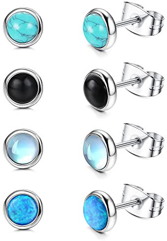 JeweBella 4 Paare Mondstein Opal Türkis Kleine Ohrstecker Set Chirurgenstahl für Damen Mädchen Kinder Hypoallergene Runde Edelstein Ohrstecker Blau Schwarz Mondstein Opal Türkis Ohrringe Set 4MM/6MM