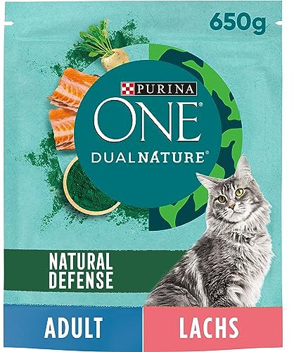 PURINA ONE Dual Nature Katzenfutter trocken mit Spirulina, reich an Lachs, 6er Pack (6 x 650g)